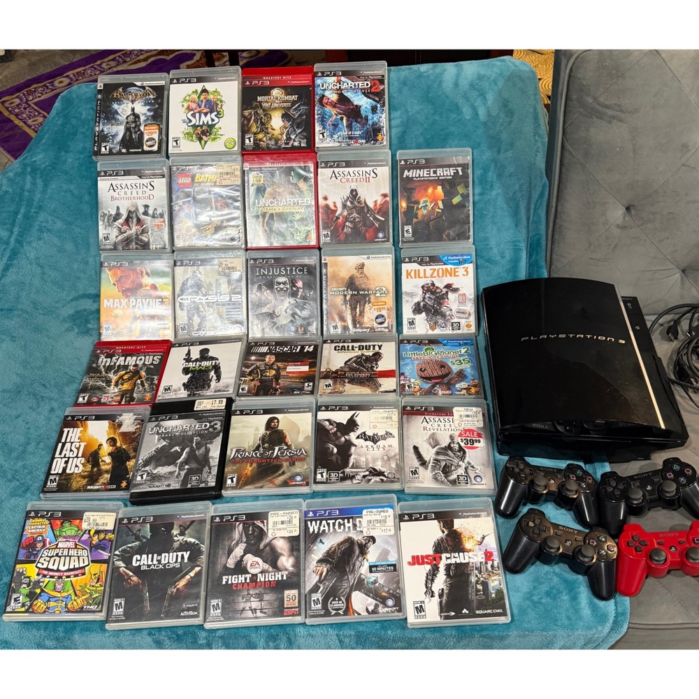 Sony PlayStation 3 PS3 Console‎ CECHP01 Black 4 Controllers 29 Games Bundle Lot
